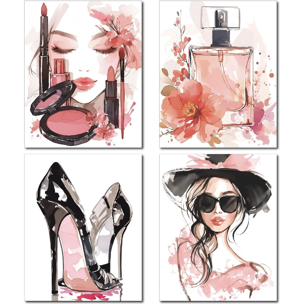 4Pcs Pink Makeup Wall Art Prin - Woman Beauty Makeup 리뷰 및 가격