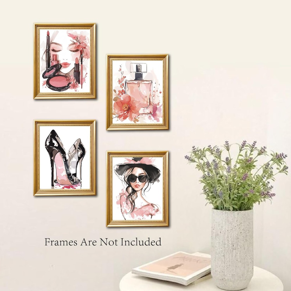 4Pcs Pink Makeup Wall Art Prin - Woman Beauty Makeup 리뷰 및 가격